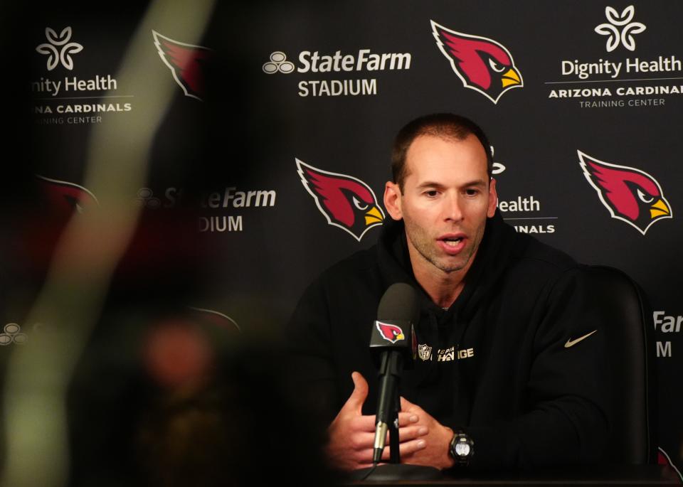 Arizona Cardinals head coach Jonathan Gannon speaks during an introductory news conference for Drew Petzing, the Cardinals' new offensive coordinator, at the Cardinals practice facility in Tempe on Feb. 23, 2023.