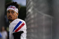 Los Alamitos High School quarterback Malachi Nelson waits to enter the field before a high school football game against Newport Harbor High School on Friday, Sept. 30, 2022, in Newport Beach, Calif. (AP Photo/Ashley Landis)