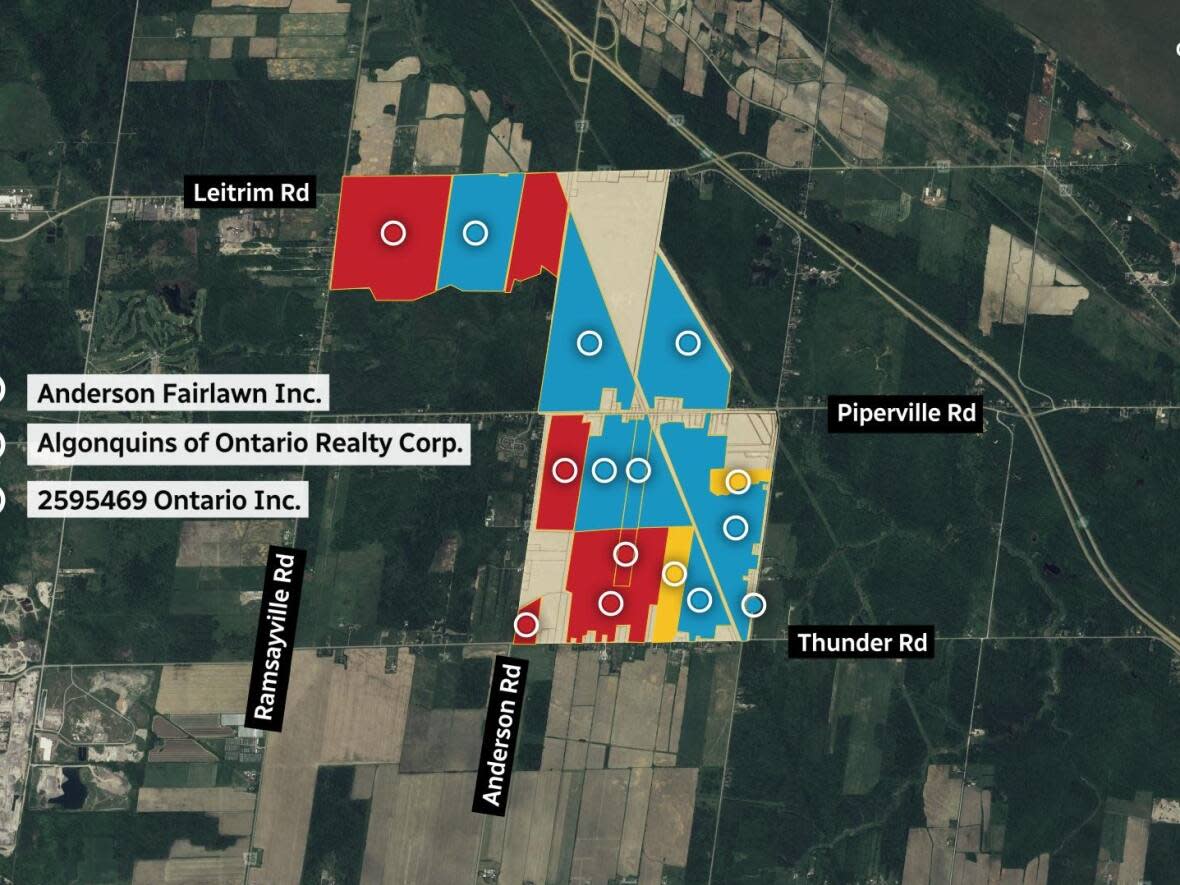 CBC News analyzed property records in the Tewin area and found the Taggart family owns ten of the land parcels involved in Ottawa's urban boundary expansion, under two corporate names. The Algonquins of Ontario own four, plus portions of a larger fifth parcel. (CBC - image credit)