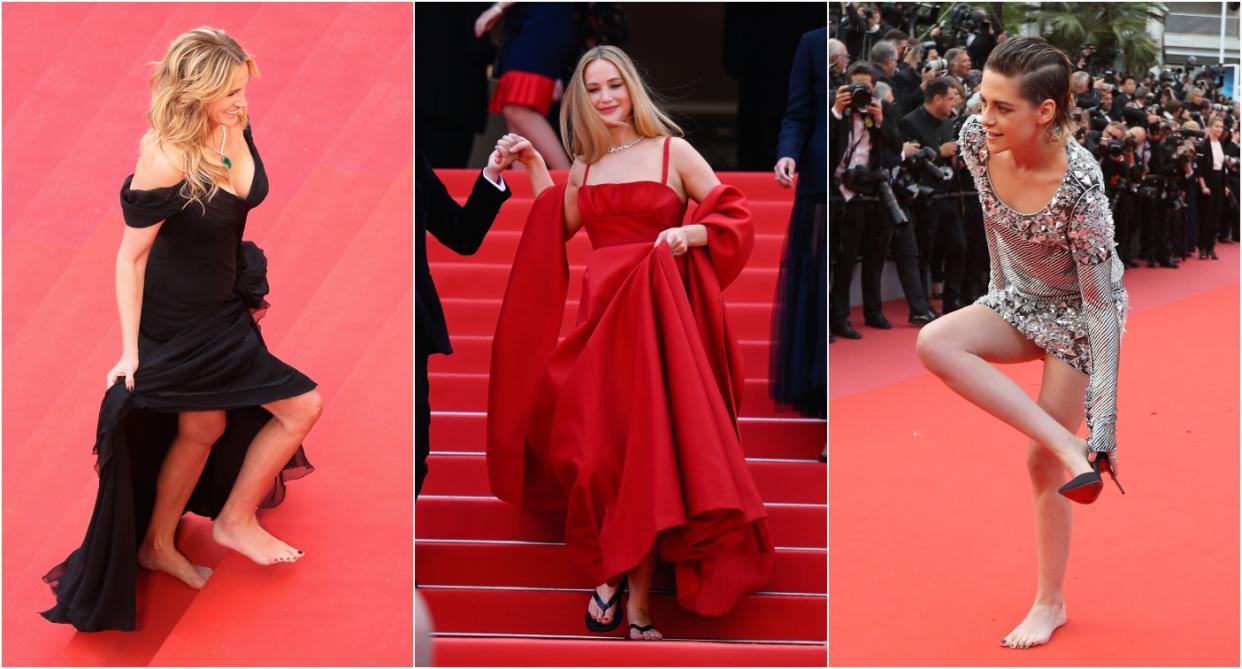 Julia Roberts, Jennifer Lawrence and Kristen Stewart have all made a heel-less statement at Cannes Film Festival over the years. (Getty Images)