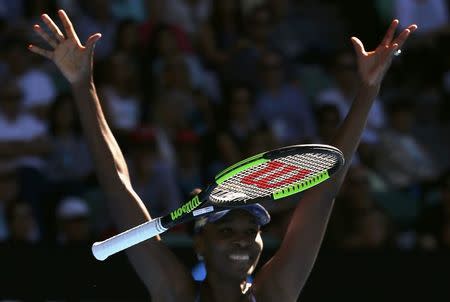 Tennis - Australian Open - Melbourne Park, Melbourne, Australia - 26/1/17 Venus Williams of the U.S. celebrates winning her Women's singles semi-final match against Coco Vandeweghe of the U.S. .REUTERS/Thomas Peter