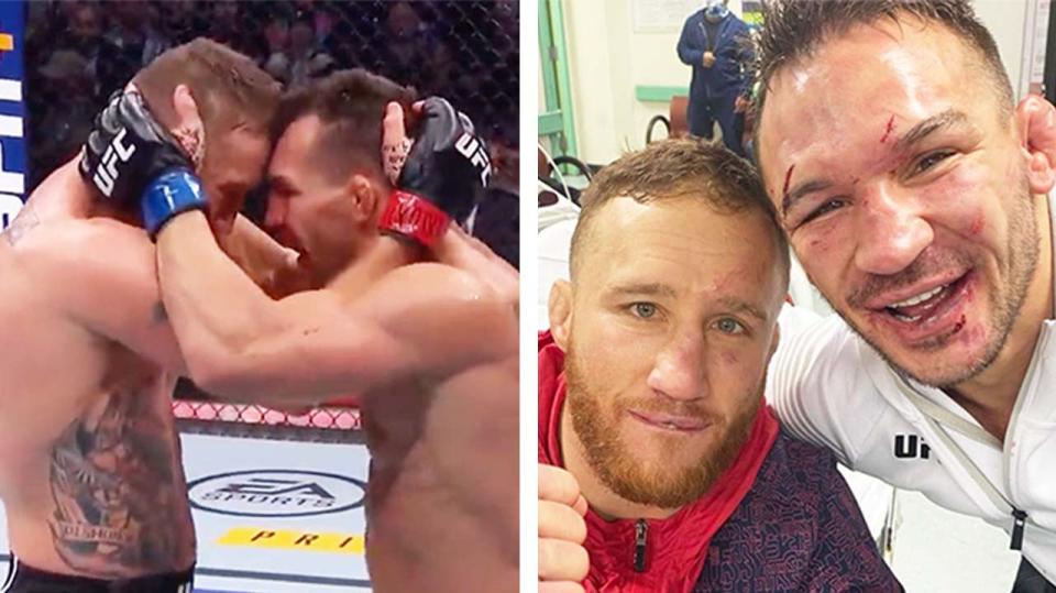 Justin Gaethje and Michael Chandler (pictured left) embrace after their fight and (pictured right) share a photo in hospital.