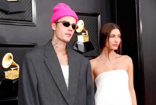 Justin Bieber and Hailey Bieber attend the 64th Annual GRAMMY Awards at MGM Grand Garden Arena on April 3 in Las Vegas, Nevada. (Photo: Johnny Nunez via Getty Images)