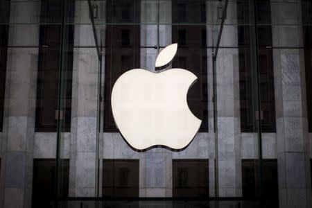 FILE PHOTO - An Apple logo hangs above the entrance to the Apple store on 5th Avenue in the Manhattan borough of New York City, July 21, 2015. REUTERS/Mike Segar/File Photo