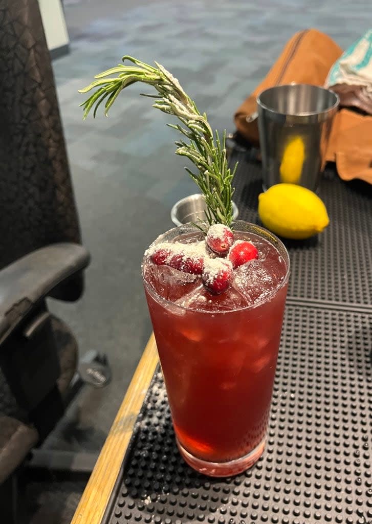 Scouten made this cranberry punch using cranberry juice, mulled cider, lime juice and imitation spiced rum.