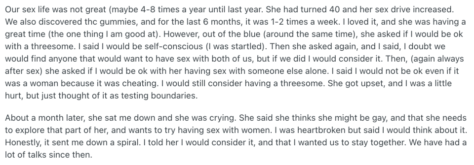 Text describing a conversation about changes in a couple's sex life, including trying new experiences. It ends with an unresolved conflict and potential separation