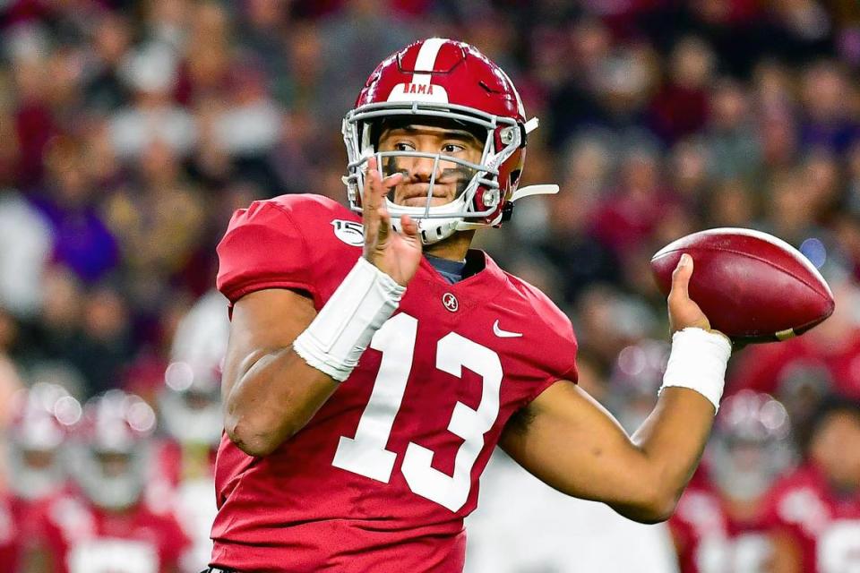 FILE - In this Nov. 9, 2019, file photo, Alabama quarterback Tua Tagovailoa plays in an NCAA football game in Tuscaloosa, Ala. Tagovailoa is a likely first round pick in the NFL Draft Thursday, April 23, 2020. (AP Photo/Vasha Hunt, File)