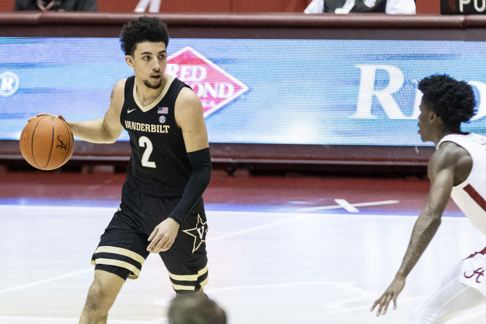 Vanderbilt guard Scotty Pippen Jr. (2) works the perimeter against Alabama during the first half of an NCAA basketball game on Saturday, Feb. 20, 2021, in Tuscaloosa, Ala. (AP Photo/Vasha Hunt)