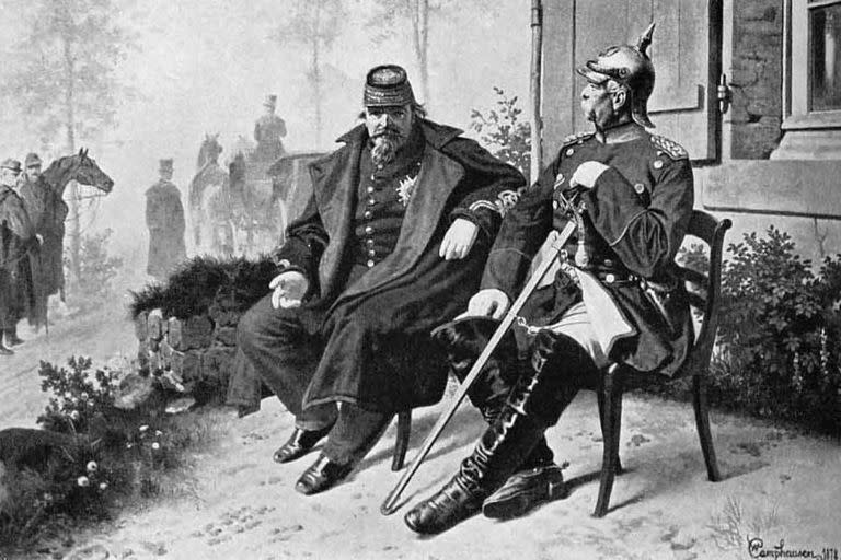 Napoleón III y Otto von Bismarck reunidos luego de la capitulación francesa, en 1871