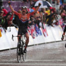 LONDON, ENGLAND - JULY 29: Marianne Vos of Netherlands (L) celebrates as she crosses the finish line ahead of Elizabeth Armitstead of Great Britain (R) to win the Women's Road Race Road Cycling on day two of the London 2012 Olympic Games on July 29, 2012 in London, England (Photo by Mike Hewitt/Getty Images)