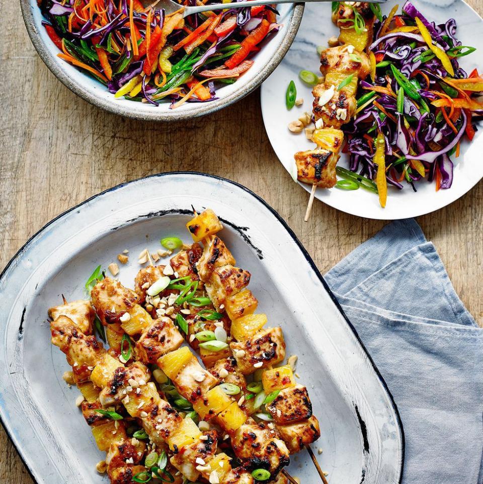 Chicken and Pineapple Satay Skewers with Rainbow Salad