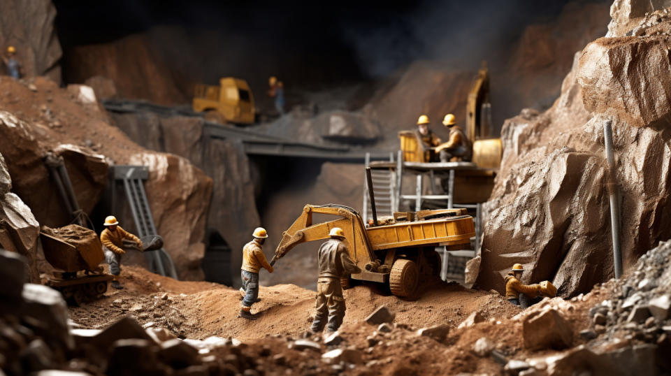 A macro view of a gold mine, with miners hard at work in the foreground.