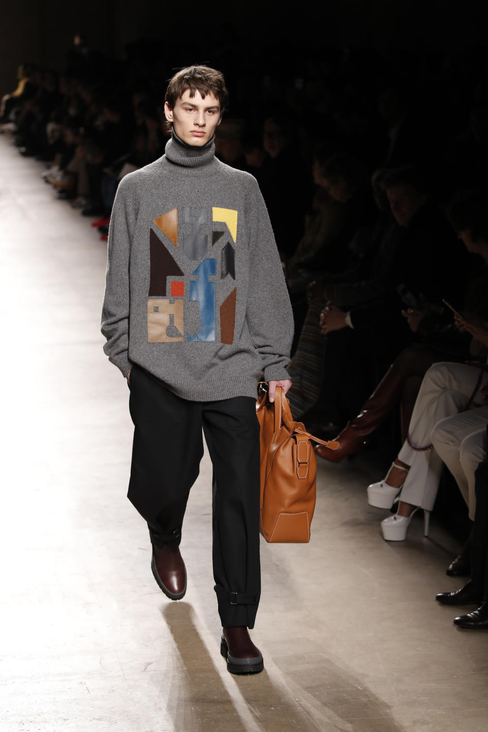 A model presents a creation for the Hermes Mens Fall/Winter 2020-2021 fashion collection presented in Paris, Saturday Jan. 18, 2020. (AP Photo/Francois Mori)