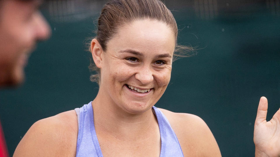 Ash Barty is pictured during a training session at Wimbledon.