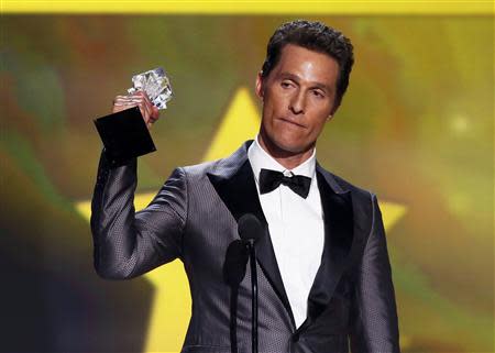 Matthew McConaughey accepts the award for best actor for his role in "Dallas Buyers Club" at the 19th annual Critics' Choice Movie Awards in Santa Monica, California January 16, 2014. REUTERS/Mario Anzuoni