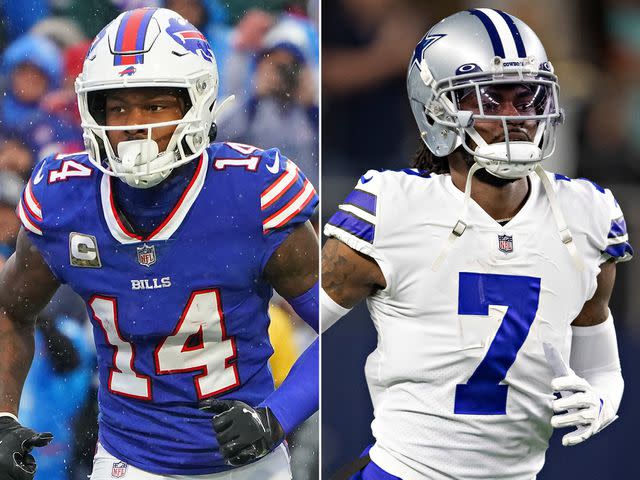 <p>Kevin Hoffman/Getty ; Wesley Hitt/Getty</p> Stefon Diggs #14 of the Buffalo Bills during the game against the Indianapolis Colts at Highmark Stadium on November 21, 2021. ; Trevon Diggs #7 of the Dallas Cowboys warms up before a game against the Washington Football Team at AT&T Stadium on December 26, 2021.