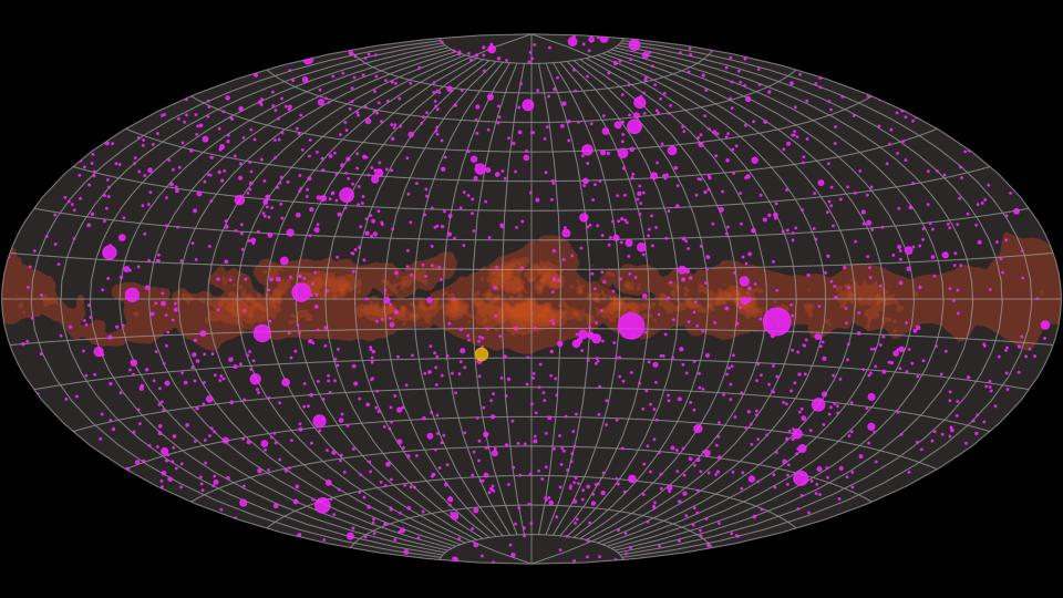  Still image from a NASA animation showing the sky lit up by gamma-ray flashes, which are represented by pink spots that shrink as the emission dims. The animation was created using a year of data from the Large Area Telescope (LAT) aboard NASA's Fermi Gamma-ray Space Telescope. 