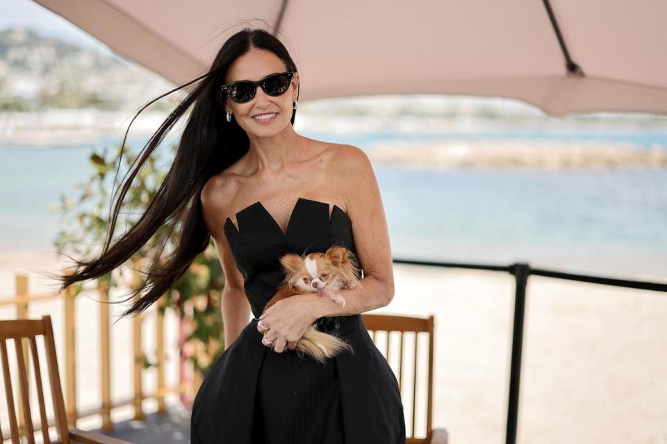 PHOTO: Demi Moore and her dog Pilaf attend a talk at the 77th annual Cannes Film Festival at American Pavillion, on May 19, 2024, in Cannes, France.  (Neilson Barnard/Getty Images)