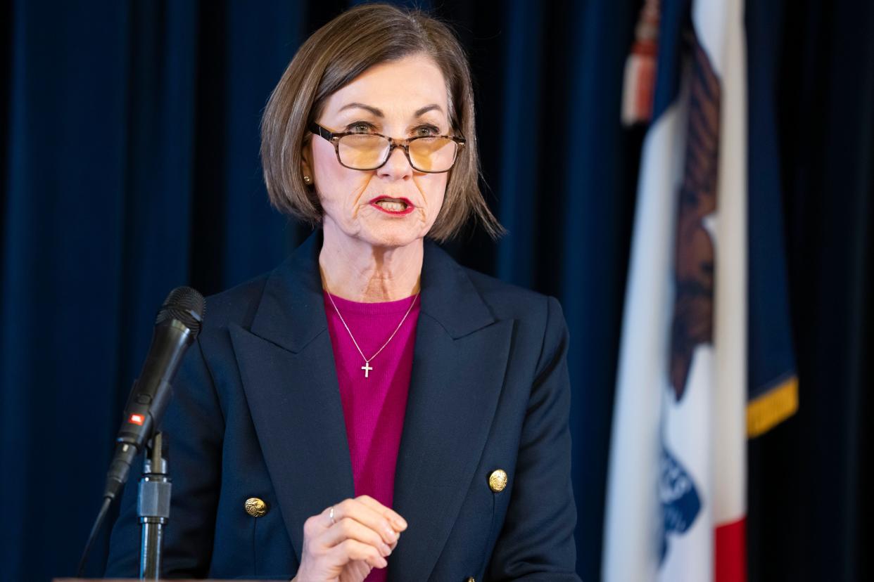 Iowa Governor Kim Reynolds speaks about a trip to the U.S. Mexico border during a press conference at the Iowa State Capitol, Monday, Feb. 5, 2024.