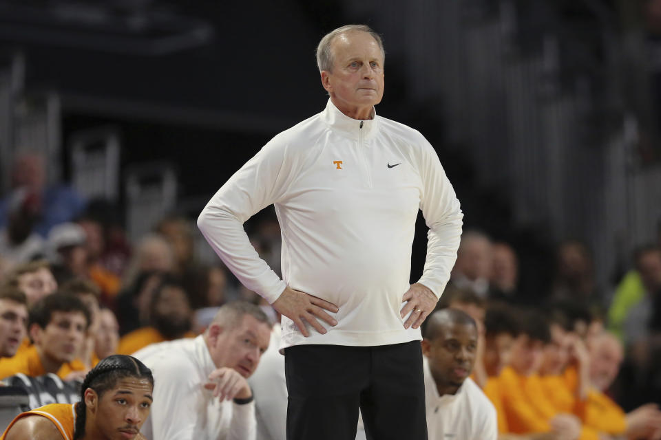 Tennessee coach Rick Barnes intently watches the team's play during the first half of an NCAA college basketball game against South Carolina on Wednesday, March 6, 2024, in Columbia, S.C. (AP Photo/Artie Walker Jr.)