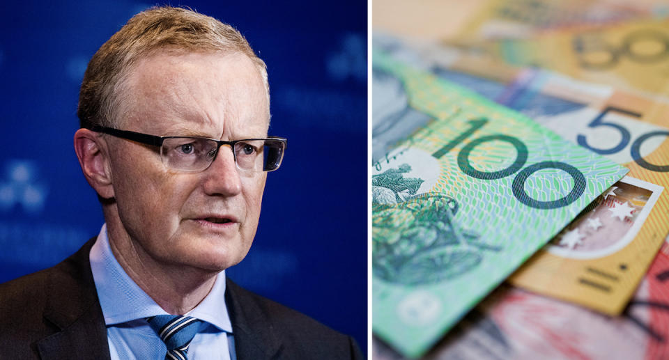 A composite image of RBA governor Philip Lowe and Australian cash notes to signify interest rates.