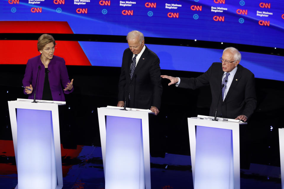 From left, Elizabeth Warren, Joe Biden and Bernie Sanders