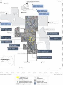 Kiniero Gold District Prospectivity, Deposit Locations and Neighbouring Properties.