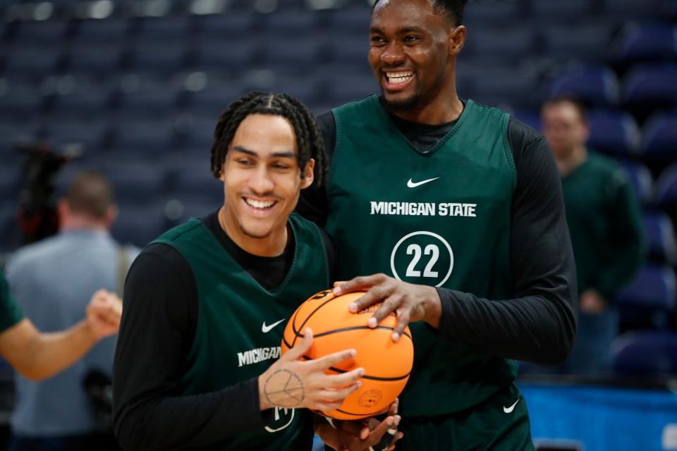 Michigan State center Mady Sissoko, right, and guard Davis Smith share a light moment during Thursday's practice in Columbus for Friday's NCAA tournament game against USC.