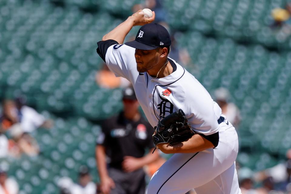 Tigers pitcher Joe Jimenez pitches in the seventh inning of the Tigers' 7-5 win over the Twins on Monday, May 30, 2022, at Comerica Park.