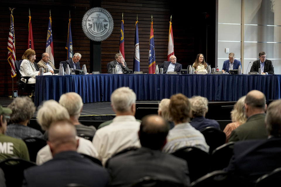 Members of the Tennessee Valley Authority Board of Directors listen to members of the public during a meeting, Wednesday, May 8, 2024, in Nashville, Tenn. The nation’s largest public utility is moving ahead with a plan for a new natural gas plant in Tennessee despite warnings that its environmental review of the project doesn't comply with federal law. (AP Photo/George Walker IV)