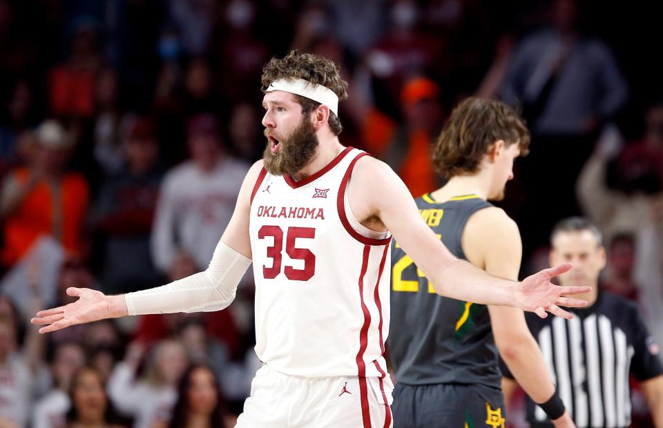 Oklahoma's Tanner Groves (35) reacts after getting a technical foul during a 65-51 loss to Baylor on Saturday at Lloyd Noble Center in Norman.