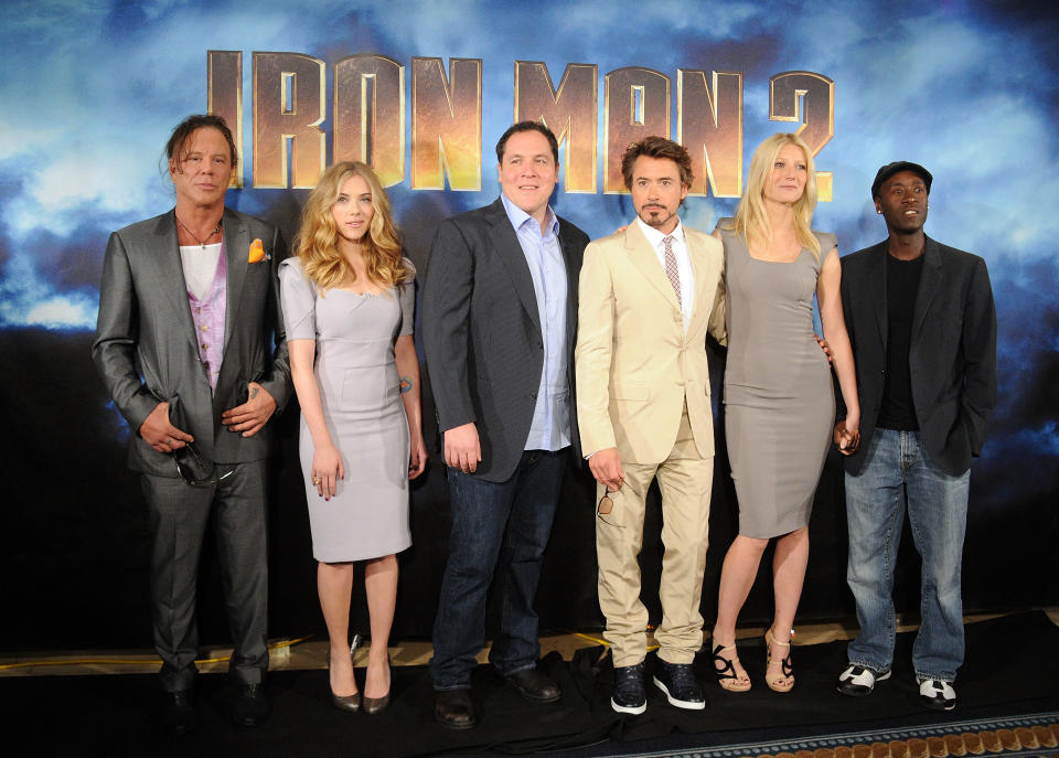 LOS ANGELES, CA - APRIL 23:  (L-R) Actors Mickey Rourke, Scarlett Johansson, director/actor Jon Favreau, actor Robert Downey Jr., actress Gwyneth Paltrow, and actor Don Cheadle pose during Paramount Pictures & Marvel Entertainment's "Iron Man 2" photo call held at the Four Seasons Hotel on April 23, 2010 in Los Angeles, California.  (Photo by Jason Merritt/Getty Images)