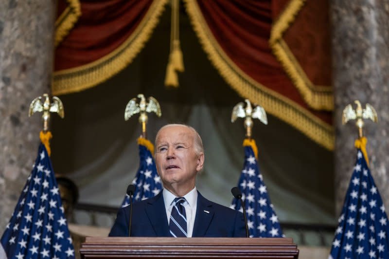 President Joe Biden speaks at the National Prayer Breakfast in Statuary Hall of the U.S. Capitol on Thursday. Photo by Shawn Thew/UPI
