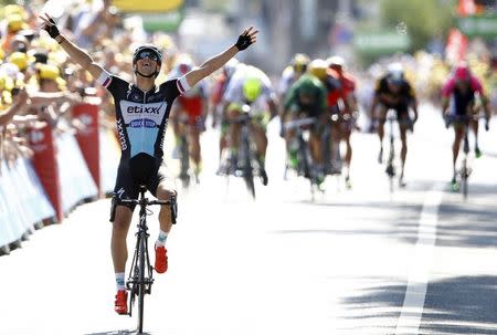 Etixx-Quick Step rider Zdenek Stybar of Czech Republic celebrates as he crosses the finish line to win the 191.5-km (118.9 miles) 6th stage of the 102nd Tour de France cycling race from Abbeville to Le Havre, France, July 9, 2015. REUTERS/stefano Rellandini