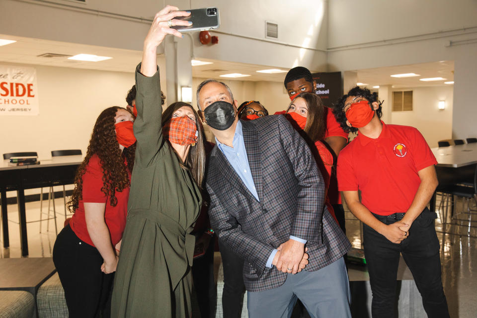 Snapping a selfie with Tammy Murphy, the first lady of New Jersey, and East Side High School students in Newark.<span class="copyright">Landon Nordeman for TIME</span>