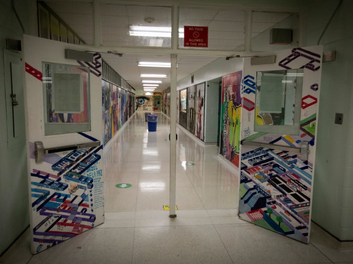 Doors open to a hallway at Wexford Collegiate School for Arts in Toronto on Aug. 27, 2020. (Evan Mitsui/CBC - image credit)