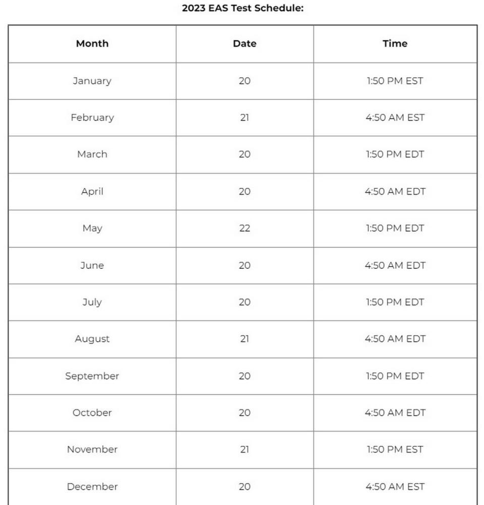 The Florida Association of Broadcasters’ emergency alert testing schedule for 2023.