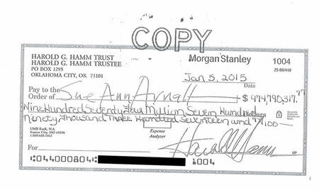 A divorce settlement check from Harold Hamm, chief executive of oil driller Continental Resources, to ex-wife Sue Ann Arnall in the amount of $974.8 million is shown in this image from a court document released to Reuters on January 6, 2015. REUTERS/District Court of Oklahoma County