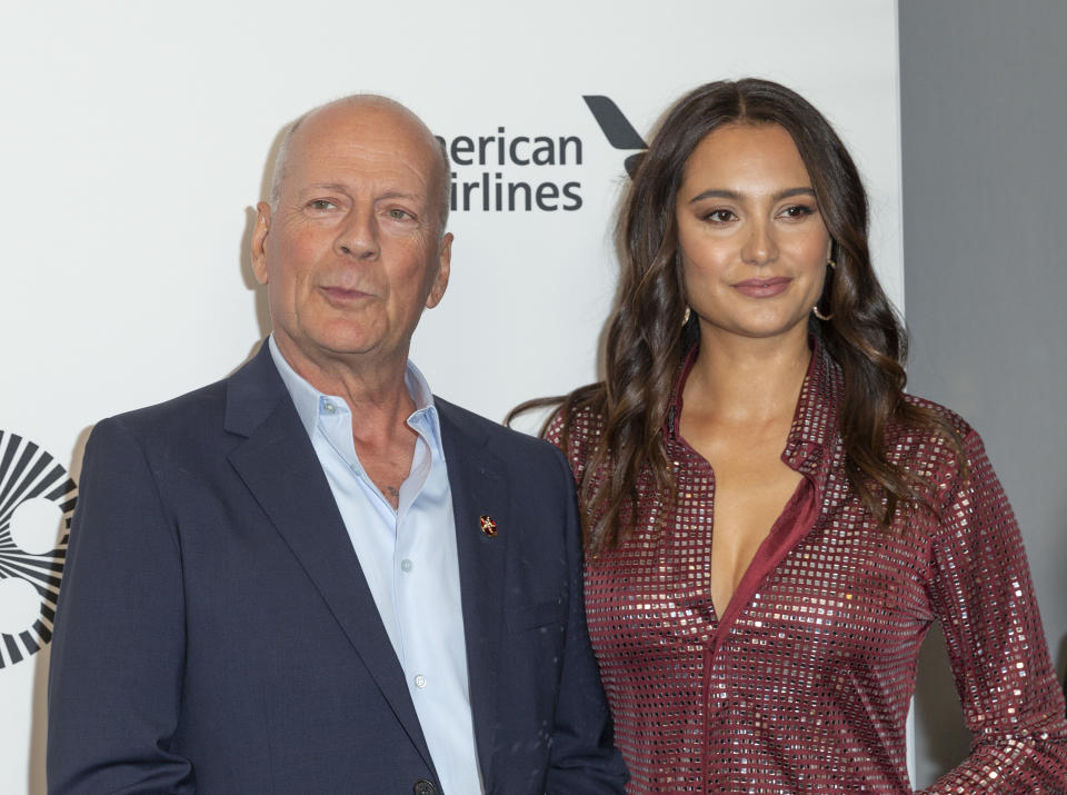 NEW YORK, UNITED STATES - 2019/10/11: Bruce Willis and Emma Heming Willis wearing dress by Bottega Veneta attend Motherless Brooklyn premiere during 57th New York Film Festival at Alice Tully Hall. (Photo by Lev Radin/Pacific Press/LightRocket via Getty Images)