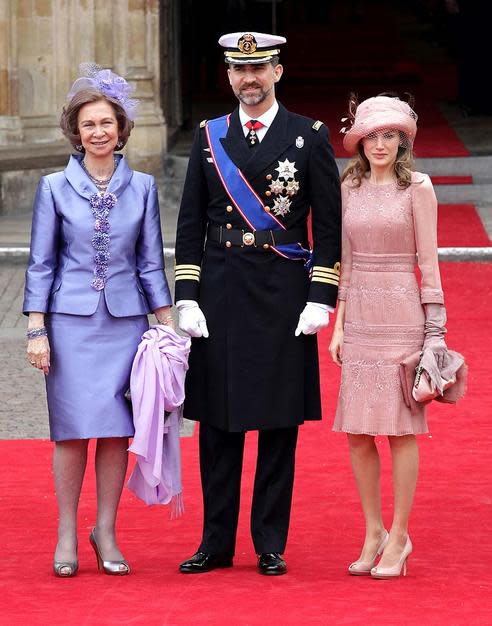 Queen Sofia of Spain, Prince Felipe of Asturias and Princess Letizia of Asturias. Grade: B