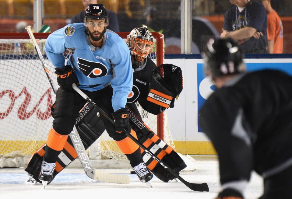 during practice for the 2017 Coors Light NHL Stadium Series game to be played between the Philadelphia Flyers and the Pittsburgh Penguins at Heinz Field on February 24, 2017 in Pittsburgh, Pennsylvania.