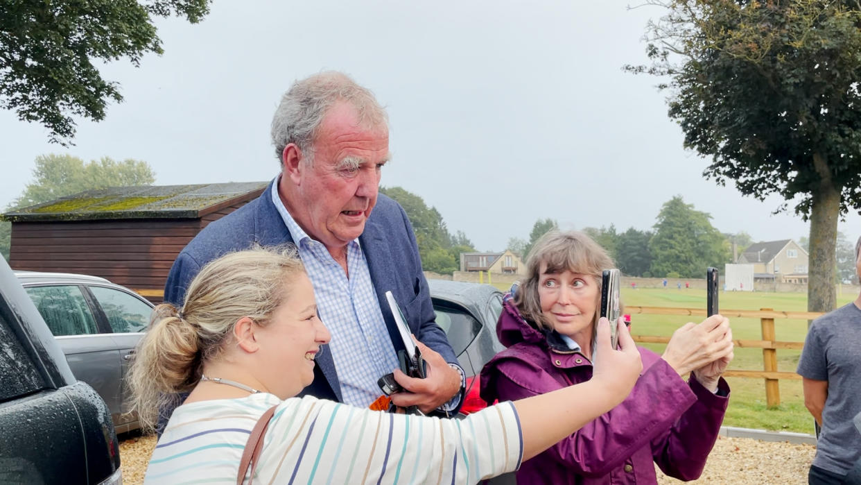 Jeremy Clarkson with fans at the Memorial Hall in Chadlington, where he held a showdown meeting with local residents over concerns about his Oxfordshire farm shop. Picture date: Thursday September 9, 2021. (Photo by PA Video/PA Images via Getty Images)