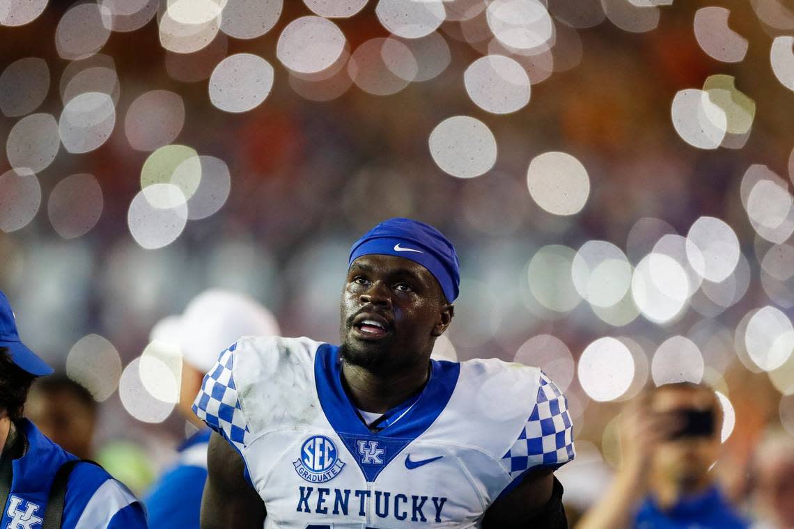 Kentucky linebacker Jordan Wright (15) had six tackles, two tackles for loss, a quarterback sack and an interception that set up a touchdown in UK’s 26-16 win at then-No. 12 Florida on Saturday night.