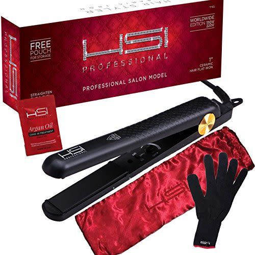 7) HSI Professional Glider | Ceramic Tourmaline Ionic Flat Iron Hair Straightener | Straightens & Curls with Adjustable Temp | Incl Glove, Pouch, & Travel Size Argan Oil Hair Treatment | Packaging Varies