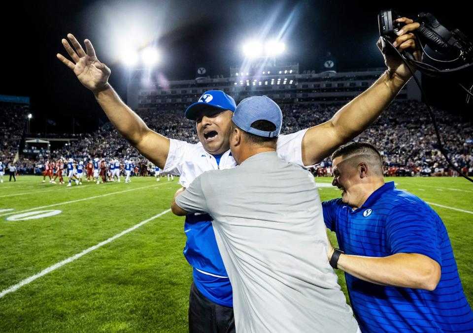 Kalani Sitake celebrates after his BYU Cougars defeat Utah 26-17 on Sept. 11, 2021. | Jaren Wilkey, BYU Photo