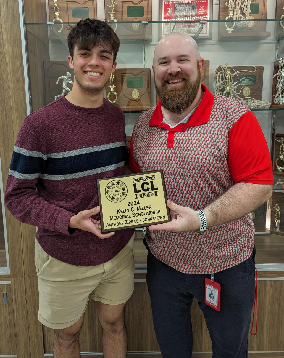 Johnstown senior Anthony Zirille is presented the Licking County League Kelly C. Miller Memorial Scholarship by athletic director Robbie Brickner.