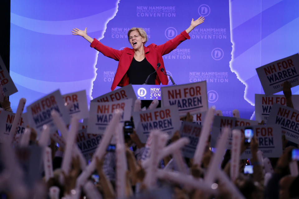 In this Sept. 7, 2019, photo, Democratic presidential candidate Sen. Elizabeth Warren, D-Mass., acknowledges the applause as she arrives on stage to speak at the New Hampshire state Democratic Party convention in Manchester, N.H. (AP Photo/Robert F. Bukaty)