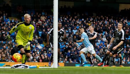 Football - Manchester City v Leicester City - Barclays Premier League - Etihad Stadium - 6/2/16 Manchester City's Sergio Aguero scores their first goal Reuters / Andrew Yates Livepic