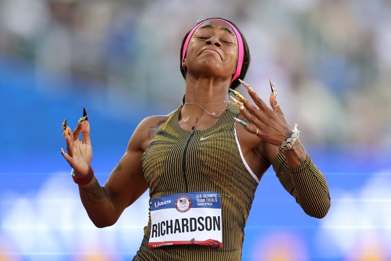 Sha'Carri Richardson reacts after winning the women's 100 meters at the US Olympic athletics trials to secure a berth at the Paris Games (Patrick Smith)