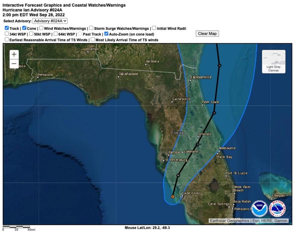 National Hurricane Center 2 p.m. Wednesday, Sept. 28, 2022 advisory tracking cone for Hurricane Ian.